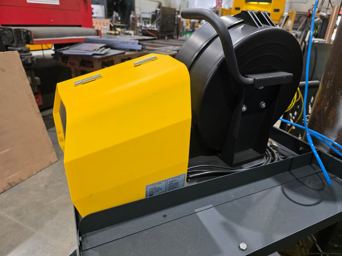 Darkstar 1800 wire feeder and full-size spool mounted on the welding cart