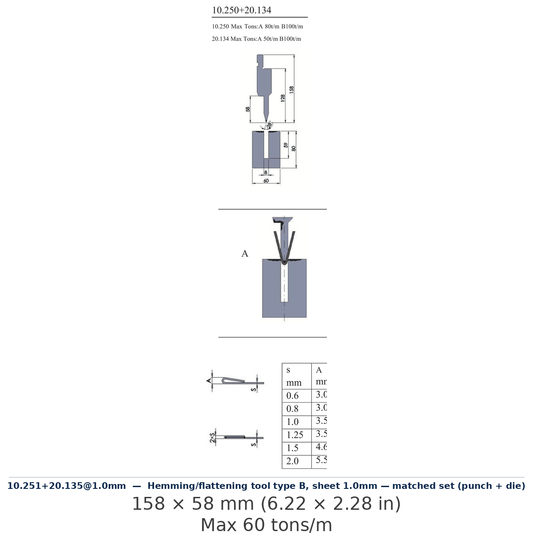 10.251+20.135@1.0mm - Hemming/flattening tool type B, sheet 1.0mm — matched set (punch + die) (factory catalog drawing)
