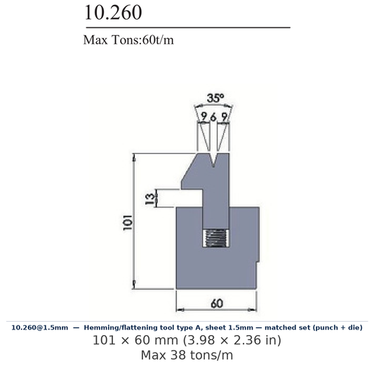 10.260@1.5mm - Hemming/flattening tool type A, sheet 1.5mm — matched set (punch + die) (factory catalog drawing)