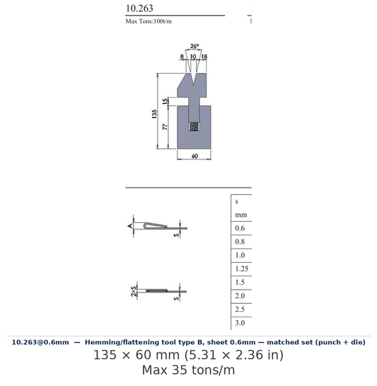 10.263@0.6mm - Hemming/flattening tool type B, sheet 0.6mm — matched set (punch + die) (factory catalog drawing)