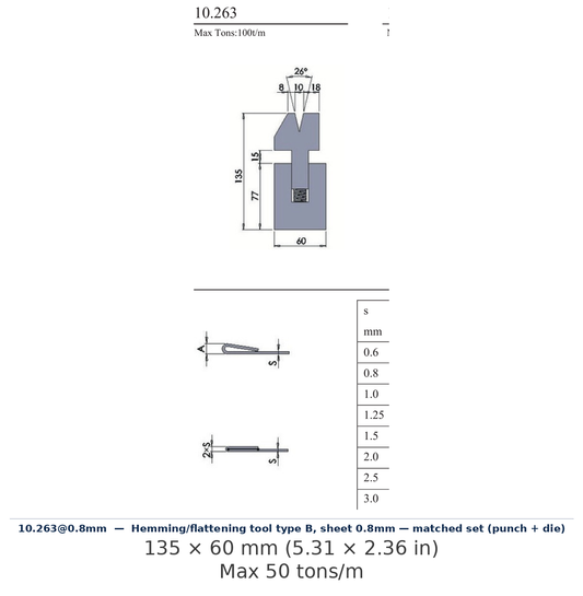 10.263@0.8mm - Hemming/flattening tool type B, sheet 0.8mm — matched set (punch + die) (factory catalog drawing)