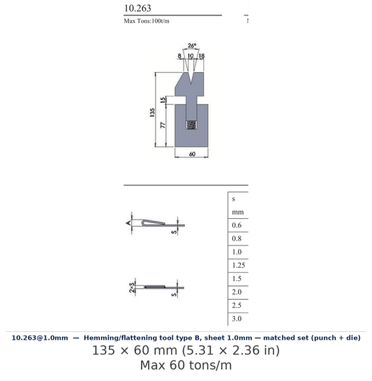 10.263@1.0mm - Hemming/flattening tool type B, sheet 1.0mm — matched set (punch + die) (factory catalog drawing)