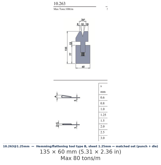 10.263@1.25mm - Hemming/flattening tool type B, sheet 1.25mm — matched set (punch + die) (factory catalog drawing)
