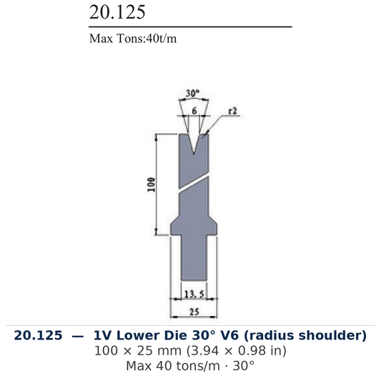 20.125 - 1V Lower Die 30° V6 (radius shoulder) (factory catalog drawing)
