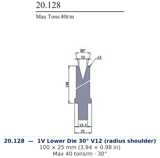 20.128 - 1V Lower Die 30° V12 (radius shoulder) (factory catalog drawing)