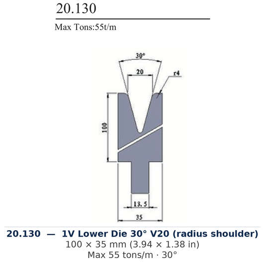 20.130 - 1V Lower Die 30° V20 (radius shoulder) (factory catalog drawing)