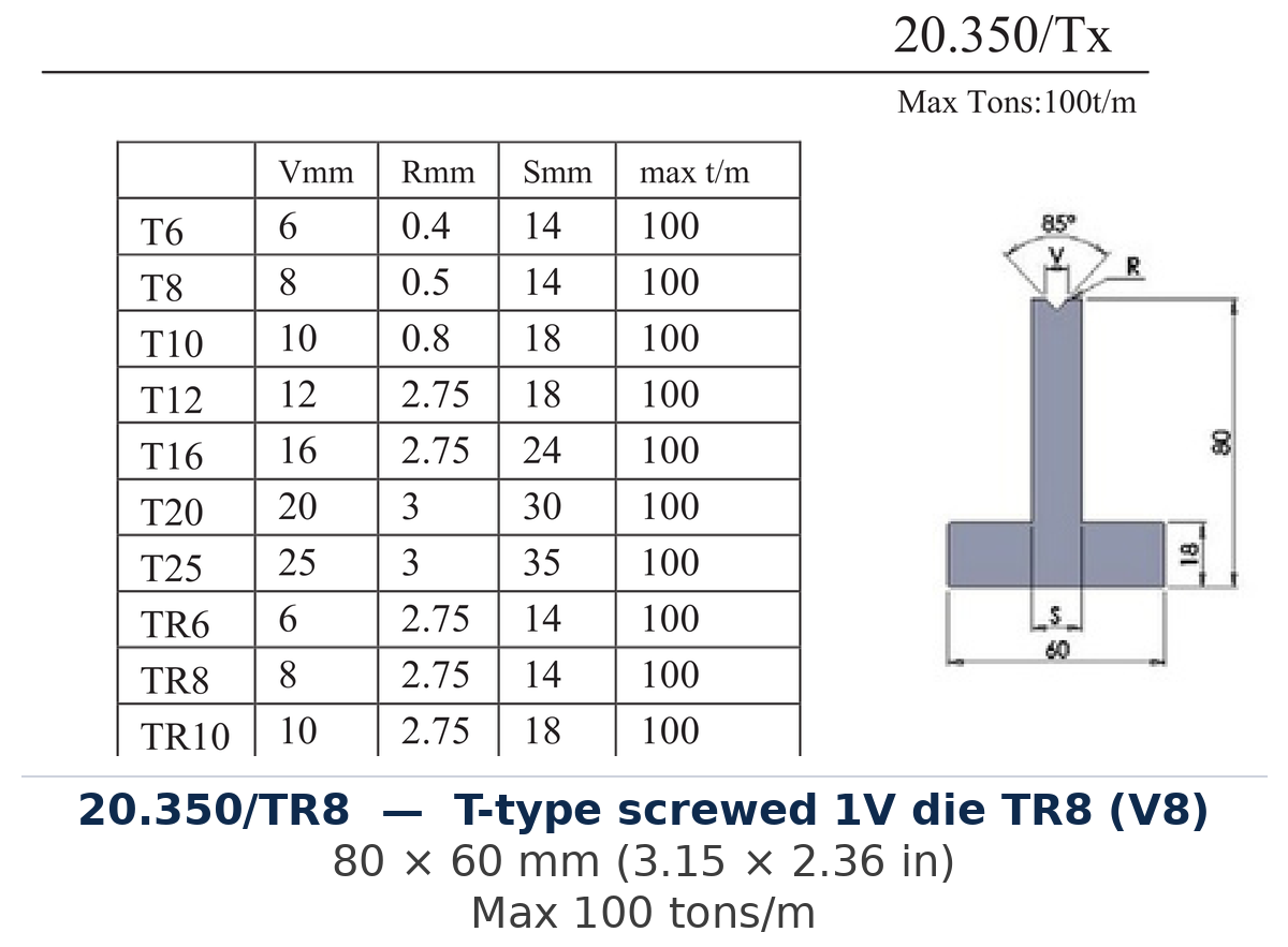 20.350/TR8 - T-type screwed 1V die TR8 (V8) (factory catalog drawing)