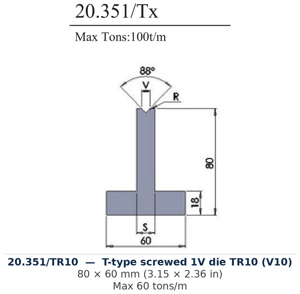 20.351/TR10 - T-type screwed 1V die TR10 (V10) (factory catalog drawing)