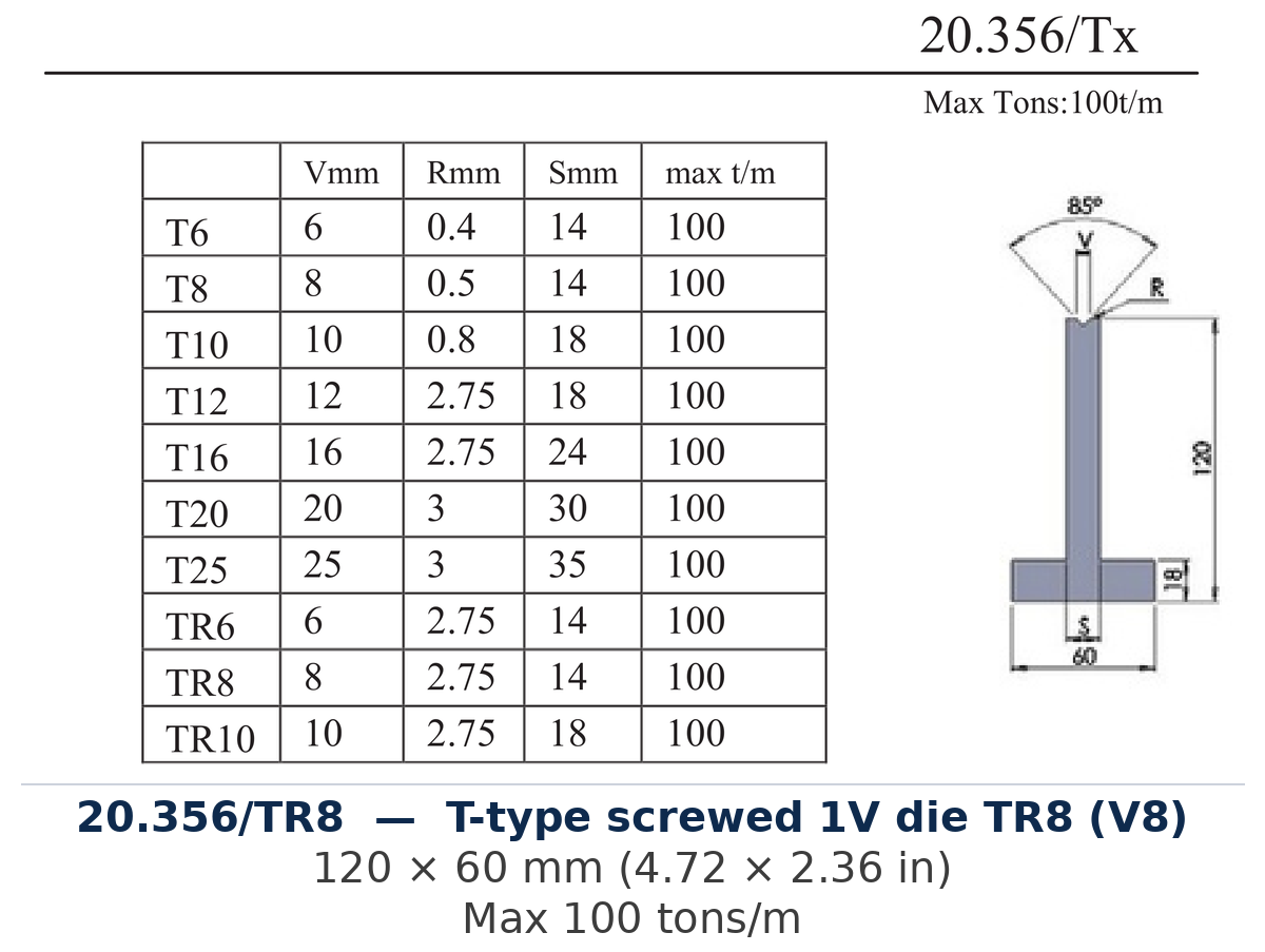 20.356/TR8 - T-type screwed 1V die TR8 (V8) (factory catalog drawing)