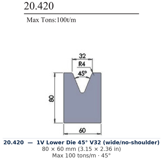 20.420 - 1V Lower Die 45° V32 (wide/no-shoulder) (factory catalog drawing)