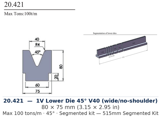 20.421 - 1V Lower Die 45° V40 (wide/no-shoulder) (factory catalog drawing)