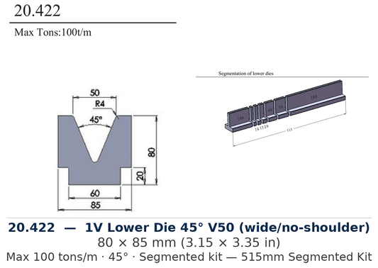 20.422 - 1V Lower Die 45° V50 (wide/no-shoulder) (factory catalog drawing)