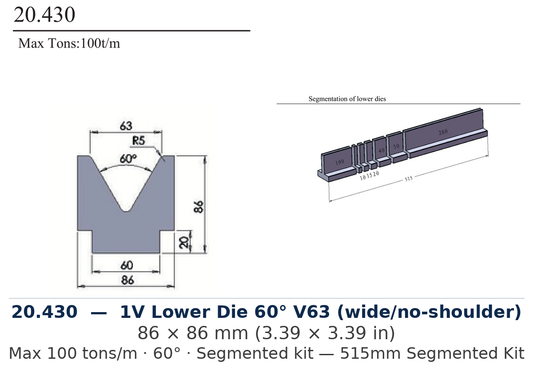 20.430 - 1V Lower Die 60° V63 (wide/no-shoulder) (factory catalog drawing)