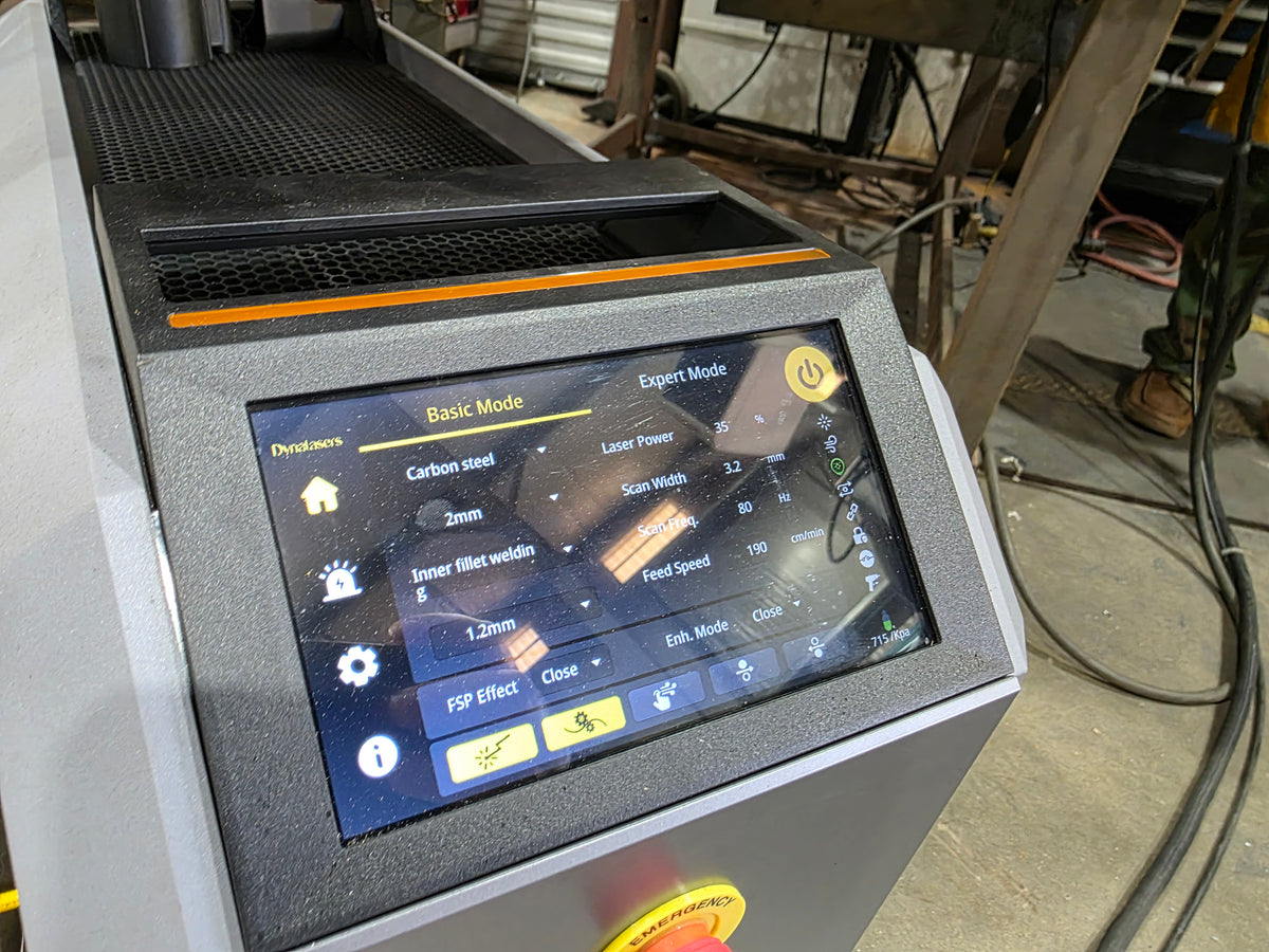 Darkstar handheld laser welder touchscreen showing welding controls in the Tennessee shop