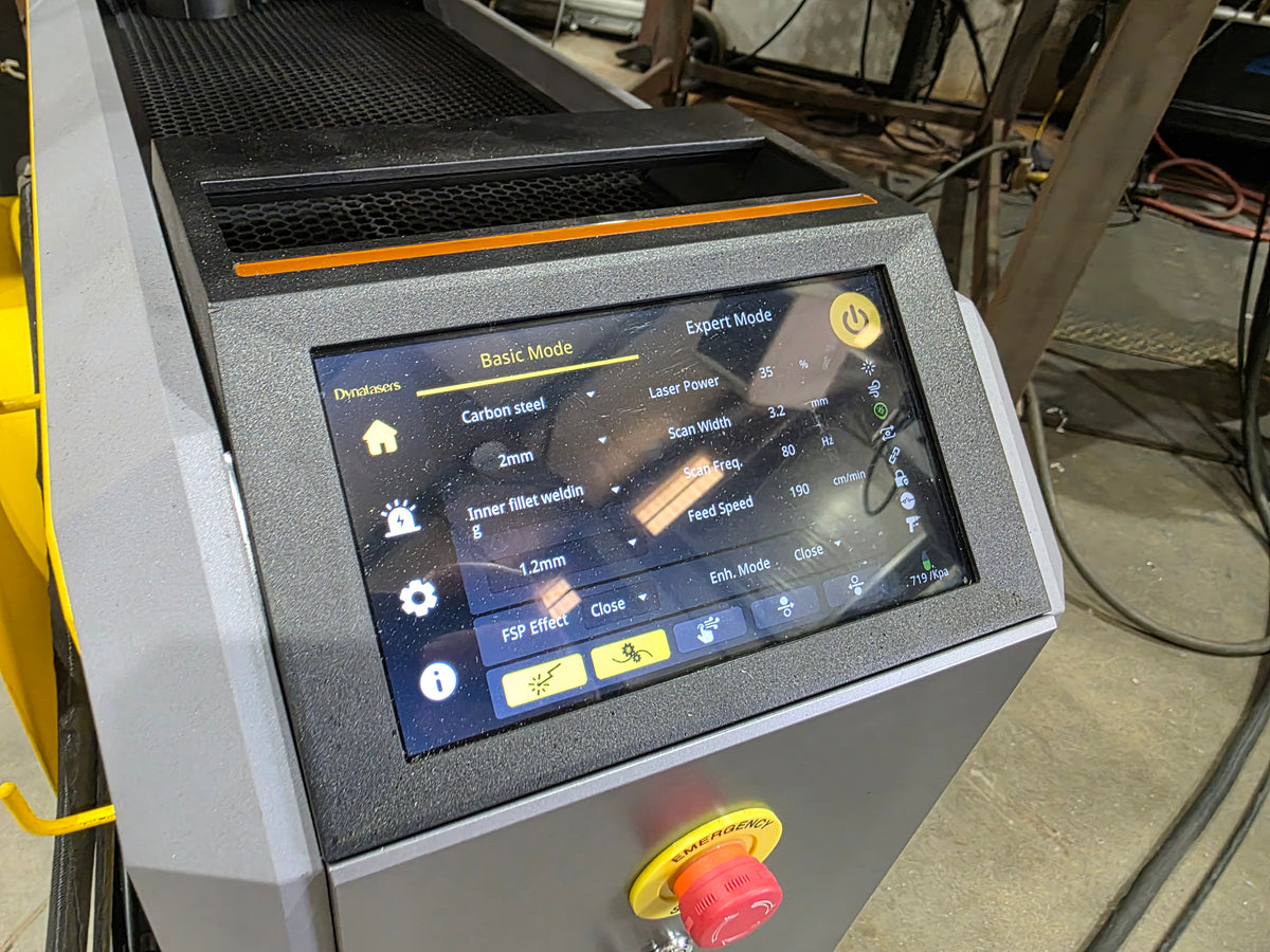 Blaster handheld laser welder touchscreen showing welding controls in the Tennessee shop